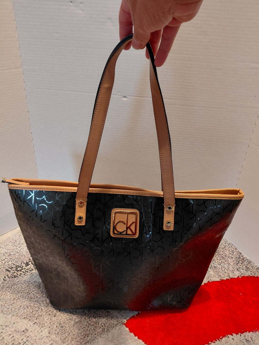 Calvin Klein Black Monogram Tote with Tan Handles